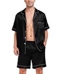 SWOMOG Men Satin Pajamas Sets Short Sleeve Button-Down Sleepwear Two-Piece PJs Sets Loungewear with Pockets Black