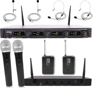 Pyle 4 Channel Wireless Microphone System-Portable UHF Audio Set with 2 Handheld, 2 Headset, 2 Lavalier Mics, 2 Transmitter, 8 'AA' Battery, Power Adapter-for Karaoke, PA, DJ PDWM4540