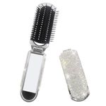 Owemtao Bling Travel Hair Brush Portable Folding Hair Brush with Mirror,Rhinestone Folding Pocket Hair Brush Mini Compact Hair Comb Collapsible Pocket Brush for Women (Silver)