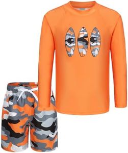 Aisyee UV Swimming Shirt Boys Two-Piece Long Sleeve Swimming Shirt Children's Board Shorts Boys Bathing Set Kids Quick-Drying Swimsuit Set 104 164/3-16 Years, Orange Camouflage, 13-14 Years