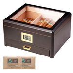 Woodronic Cigar Humidor and Boveda 72% Packs for 50 Cigars, with Cigar Accessory Storage Drawer, Digital Hygrometer, Spanish Cedar Lining and Divider, Ebony Finish, Gift for Men