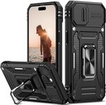 Nvollnoe for iPhone 15 Case with Slide Camera Cover Drop Tested Military Grade Heavy Duty Protective Durable Sturdy Rotate Ring Kickstand Phone Case for iPhone 15(Black)