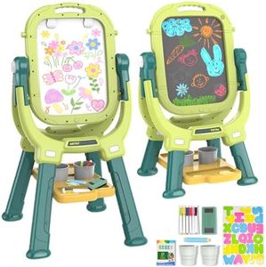 Ylovetoys Easel for Kids, Toddler Art Easel Adjustable Standing, Magnetic Double Sided Easel with Painting Accessories Gift for Boys and Girls (Green)