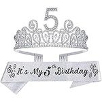 5th Birthday Sash and Tiara for Girls - Fabulous Glitter Sash + Ripples Rhinestone Silver Premium Metal Tiara for Girls, 5th Birthday Gifts for Princess Party