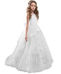 Flower Girl Dress Kids Lace Beaded Pageant Ball Gowns (Size 10, B White)