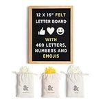 Premium Felt Letter Board, 460 Letters and Oversized Emojis, Wall Hanging Message Board, Oak Wood Frame, PreCut Letters in 3 Canvas Bags, Large 16x12 (Black Felt Board, 460 White and Yellow Letters)