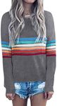ECOWISH Women's Sweater Rainbow Colorful Striped Sweaters Long Sleeve Crew Neck Color Block Casual Pullover Blouse Tops Gray XX-Large