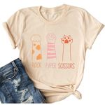 Rock Paper Scissors Shirt Women Cat Paw Shirt Cat Mom Shirt Animal Lover Tee Funny Hand Game Short Sleeve Tops, Beige, Large