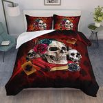 AILONEN Skull Decor Bedding Set Twin Size Gothic Skull with Thorns and Red Roses Book Comforter Set,Vintage Spades Poker Card Red Tint Soft Breathable Duvet Set 3 Pieces, 1 Quilt and 2 Pillowcases