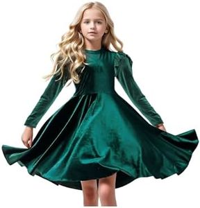 Seiciviy Girls Velvet Dress Ruffled Long Sleeve Casual Spring Fall Dress Princess Christmas Party Winter Outfits Dark Green