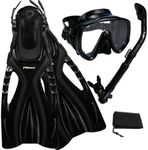 Promate Scuba Diving Snorkeling Extra-Wide Mask Snorkel Fins Gear Set, AllBlack, ML/XL