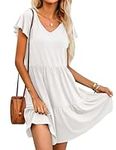 HOTOUCH Summer Dress for Women's Short Sleeve V Neck Dresses Ruffle Tiered Dress A-Line Knee-Long Dresses with Pockets White S