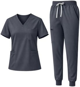 Eadflie Scrubs for Women Set - 8-Pocket V-Neck Scrub Uniform, Stretch Jogger Pants, Medical Workwear for Nurses, Pet Care (Charcoal Gray/L)