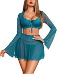 Avidlove Women's Sexy Contrast Lace Mesh Lingerie Set 3pcs Bell-Sleeved Top Lingerie Skirt Blue Green