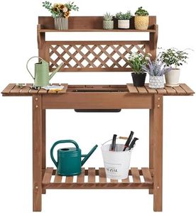 Topeakmart Potting Table Wood Workstation Table w/Sliding Tabletop w/Removable Dry Sink Storage Shelves Outdoor Garden Work Benches Station Planter Bench for Backyard Patio Balcony Brown