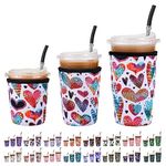 Cavllson reusable Insulated Neoprene Iced Coffee Beverage Sleeves Cold Drink Cup Holder for Starbucks Coffee, McCafe, Dunkin Donuts, Tim Hortons and More, Love-3 Pack