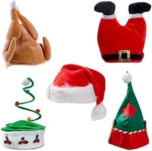 THE TWIDDLERS - 5 Gorros Navideños, Divertidos y Novedosos Gorros Navideños para Disfraces y Fiestas, Incluye Divertidísimo Diseño (Pavo, Elfo, Árbol, Piernas & Gorro de Papá Noel)