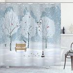 Ambesonne Farm House Decor Collection, Snow Falling in the Park on a Cold Winter Day Birds Lanterns Chirstmas Season Picture, Polyester Fabric Bathroom Shower Curtain Set, 75 Inches Long, Blue White