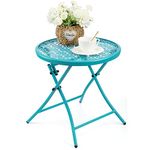 TeoKJ Folding Outdoor Side Tables, Anti Rust Small Patio Table Round Metal End Table with Flower Cutouts for Porch Yard Balcony Deck Lawn, Blue