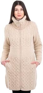 SAOL Irish Cardigan for Women with Pockets Made of 100% Merino Wool Ireland Long Coat, Parsnip, X-Large
