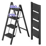 JOISCOPE 4 Step Ladder, Iron Folding Step Stool with Wide Anti-Slip Thickened Pedal, Multi-Use Ladder for Kitchen, Household, and Office, 600 Lbs Capacity, Black