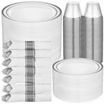 R-kay 350 Pcs Silver Plastic Dinnerware Set, Silver Plastic plates for party, Premium Party Plates And Cups And Napkins Sets - Wedding Plates Disposable Set 50 Guests With Prerolled Napkin Cutlery Set