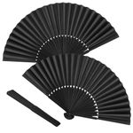 Minelife 2 Pack Bamboo Silk Folding Fan Handheld, Chinese Vintage Retro Fabric Fans, Black Hand Fan for Performance, Dance, Fighting, Church, Party & Gift