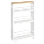 HOOBRO Slim Storage Trolley, Narrow Kitchen Cart, Slide Out Kitchen Trolley on Wheels, 4-Tier Rolling Utility Cart with Handle, for Small Space, Bathroom, Living Room, White and Natural EWN15TC01