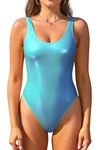 SHEKINI Women's Metallic Shiny Bathing Suit Scoop Neck Backless One Piece Swimsuits Non Padded Low Back Swimwear, Fluorescent Blue, Small