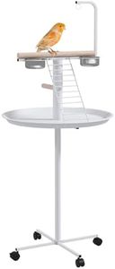 PawHut Bird Stand, Parrot Stand with Wheels, Perches, Stainless Steel Feed Bowls, Round Tray, Bird Play Stand for Indoor Outdoor, White