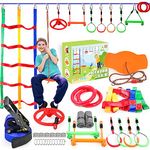 Ninja Warrior Obstacle Course for Kids Outside-Ninja Slackline 52ft with 11 Durable Obstacles-Climbing Net,Wheel, Warrior Gymnastics & Monkey Bars,Slack Lines for Backyard for Kids.