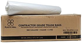 PlasticMill 100 Gallon Contractor 3 Mil Trash Can Liners for Outdoor, Municipal, or Township Garbage Cans (Can not included) Fits 96 Gallon Trash Cans and 95 Gallon Trash Cans (25, Clear 3 Mil)