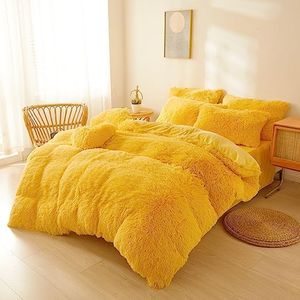 FOPPA Yellow Shaggy Comforter Queen Size with Filler, Soft Plush Comforter 3pcs(1 Fluffy Comforter +2 Fur Pillow Cases) Quilted Yellow Fuzzy Bed Comforter Set (Yellow, Queen)