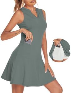 COOrun Athletic Dresses for Women V Neck Tennis Dress with Shorts Sleeveless Golf Workout Dress with Pockets, Grey Sage XL