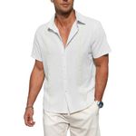 Mens Linen Shirts Casual Cotton Button Down Short Sleeve Summer Beach Shirt Guayabera Dress Shirt White M