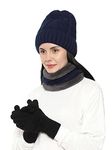 Gajraj Unisex Winter Knit Woolen Skull Cap Neck Warmer Scarf and Woolen Gloves Set (3 Piece) (Navy)