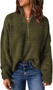 EVALESS Long Sleeve Sweater for Women Fall Outfits Clothes Business Casual Vintage Cable Knit Crop Tops Quarter Zip Stand Collar Thick Christmas Sweaters Oversized Green Pullover Sweaters