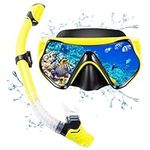 Adult Snorkeling Gear Snorkel Set with Dry Top System 180 Degree Panoramic Snorkel Mask,Snorkel Mask Set Leak-proof (Black and Yellow)