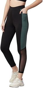 BLINKIN Stretchable High Rise Yoga Pants for Women & Gym Pants for Women Workout with Mesh Insert & Side Pockets (1869,Color_Black-D-Green,Size_L)