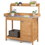 Topeakmart Outdoor Potting Bench Table Work Station Garden Planting with Cabinet & Drawer & Top Shelf & Lower Shelf Natural Wood