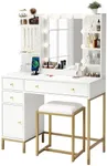 GarveeHome Vanity Desk with Mirror, Makeup Vanity Table with Chair & Charging Station, Dressing Table with Drawers & Storage Shelves, Vanity Table Set for Bedroom Dressing Room, 3 Lighting Modes