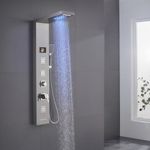 KINKIBOS Shower Tower with Mixer, 5-Function Shower Column with LED Temperature Display Rain＆Waterfall Shower, Massage Jets, Handheld Shower and Bath Spout, Shower Column 304 Stainless Steel, Brushed