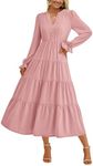 PRETTYGARDEN Women's Fall Maxi Dress Long Sleeve V Neck Tiered Ruffle Flowy A Line Cocktail Party Dresses (Pink,Small)