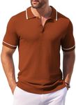 COOFANDY Men Knitting Polo Shirts Crochet Short Sleeve Polo Sweater Waffle Textured Collared Summer Shirts Caramel