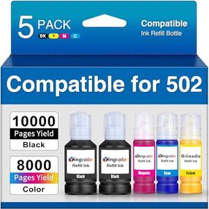 Remanufactured Ink Replacements for Epson 502 Ink Refill Bottles Work with EcoTank ET-2760 ET-2850 ET-3850 ET-3760 ET2760 ET2750 ET2700 ET-4760 ET-3710 ET-3850 ET-3750 ET-4850 ET4750 Printer(5 Pack)
