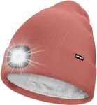 ATNKE LED Lighted Beanie Hat,USB Rechargeable 4 LED Running Headlamp Ultra Bright Cap with Light Hands Free Head Torch Winter Warm Lined Fleece Knit Beany Gifts for Men and Women/Bean Paste Powder