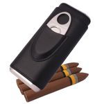 AMANCY Classic Black Leather 3 Fingers Cigar Case with Cedar Wood Lining,Silver Stainless Steel Cutter Contained