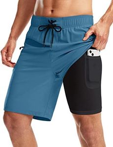 Pinkbomb Men's Swim Trunks with Compression Liner 9 Inch Quick Dry Swimsuit Swimming Swim Board Shorts for Men with Pockets (Blue, XXL)