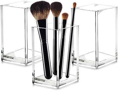 Cerpourt 3 Pack Clear Acrylic Makeup Brush Holder,Acrylic Cosmetic Brushes Storage Organizer,Pencil Pen Holder Cup for Desk,Modern Design Desk Accessories for Office School Home Supplies