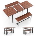 Giantex Dining Room Table Set for 4-8, 3 Piece Dining Table Set, 63” Extendable Dining Table with 2 Benches, Metal Frame, Dinette Table Set, Breakfast Nook Table Set, Kitchen Table Chairs Set (Walnut)